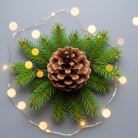 A beautifully arranged Christmas decoration featuring a pinecone, lush evergreen branches, and warm string lights on a gray backgroundの写真素材