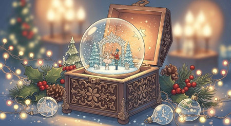 A beautifully illustrated snow globe inside an open wooden box, surrounded by Christmas decorations, lights, and ornaments.の写真素材