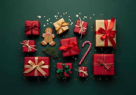 Colorful presents, gingerbread man, candy cane, and pine sprig arranged on dark green surface with festive ribbons and bowsの写真素材
