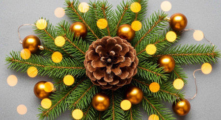 Festive arrangement of pine branches, pinecone, golden ornaments, and string lights on a gray surface for holiday decorationの写真素材