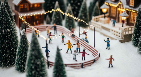 A small, intricately detailed winter scene featuring people ice skating on a miniature rink surrounded by snow-covered trees and houses.の写真素材