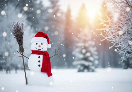 Snowman with red scarf and Santa hat stands in snowy landscape with broom, surrounded by snowfall and trees.の写真素材