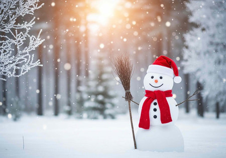 Snowman with red scarf and hat stands in snowy forest, surrounded by trees and snowfall, holding a broom.の写真素材