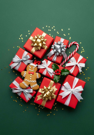 Red gift boxes with gold and silver ribbons, gingerbread man, candy cane, and holly on green surface with gold dotsの写真素材