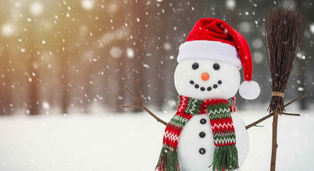 Cheerful snowman wearing red Santa hat and colorful scarf, holding broom, amidst snowfall and snowy terrainの写真素材