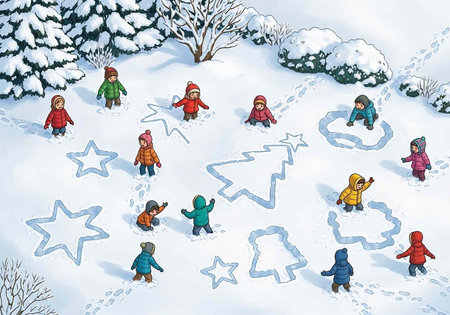 Colorful illustration of kids in winter clothes playing in snow with drawn Christmas trees and starsの写真素材