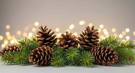 Pinecones and evergreen branches with warm festive lights in the background for Christmas decorationの写真素材