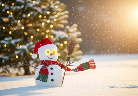 A cheerful snowman wearing a Santa hat and scarf stands in a snowy landscape with Christmas lightsの写真素材