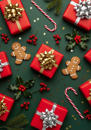 A festive holiday arrangement of wrapped gifts, gingerbread men, and candy canes on a green backgroundの写真素材