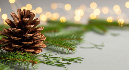 A pine cone and branches with blurred lights in the background for a festive atmosphereの写真素材
