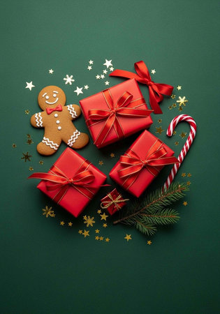 A festive holiday arrangement featuring red gifts, a gingerbread man, and candy cane on a green backgroundの写真素材