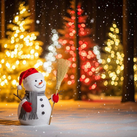 A cheerful snowman wearing a Santa hat stands in a snowy forest with colorful Christmas lightsの写真素材