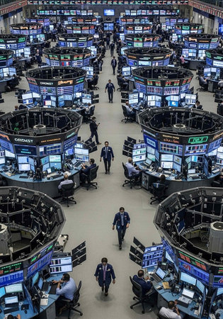A bustling stock exchange trading floor with numerous computer screens and busy professionalsの写真素材