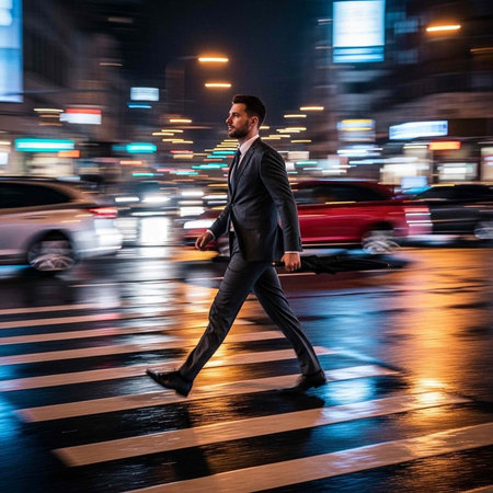 A businessman in a suit walks across a busy city street at night with blurred cars and lights in the background.の写真素材