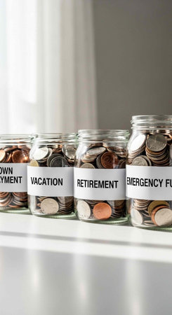 A person saving money in labeled jars for financial goals and securityの写真素材