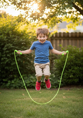 A young boy jumping rope in a green backyard on a sunny dayの写真素材