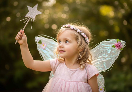 A young girl dressed as a fairy holding a sparkly star wand in a forestの写真素材