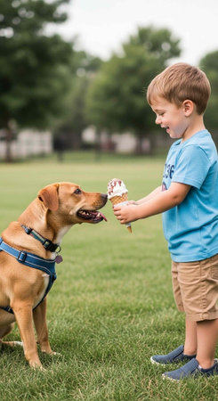A young boy shares an ice cream cone with his happy dog in a green park on a sunny dayの写真素材