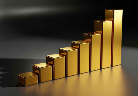 A gold bar chart showing growth and success in a dark backgroundの写真素材