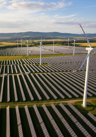 A large solar panel farm with wind turbines in a rural landscape under a blue skyの写真素材