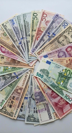A collection of various international banknotes fanned out on a white surfaceの写真素材