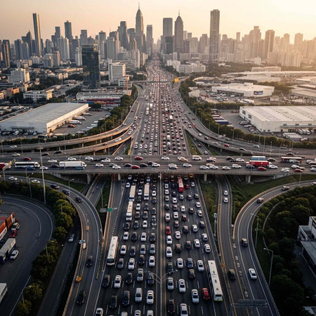 Aerial view of a busy highway interchange with a city skyline in the background at sunsetの写真素材