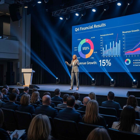 A confident businesswoman presenting financial results to an audience in a modern conference settingの写真素材