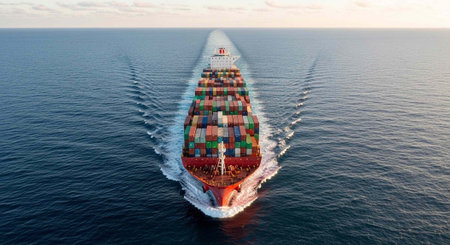 A large cargo ship sails through calm waters under a serene skyの写真素材