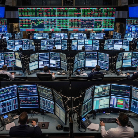Stock traders working diligently in a modern trading floor with multiple computer screens displaying financial dataの写真素材