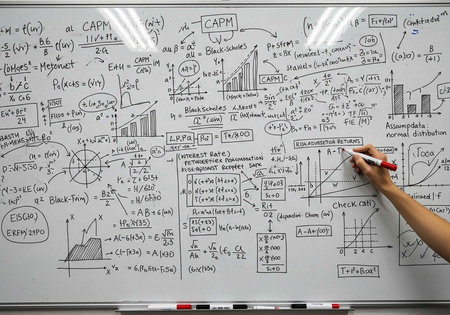 A person writing complex financial equations on a whiteboard with a marker in hand.の写真素材