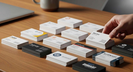 A person's hand holding a business card from a collection on a wooden desk with a laptop and coffee mugの写真素材