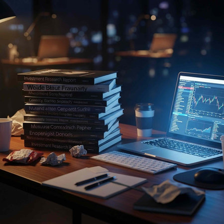A cluttered office desk with a laptop and stack of financial books at nightの写真素材