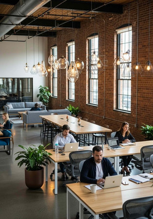 A group of people working together in a modern office space with brick walls and large windowsの写真素材
