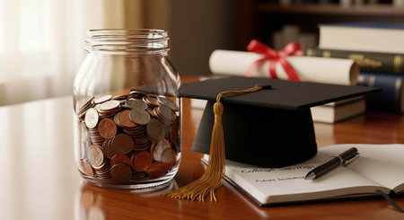 A graduation cap and jar of coins on a desk with books and a notebookの写真素材