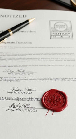 A notary public document with a red wax seal and a pen on a wooden deskの写真素材