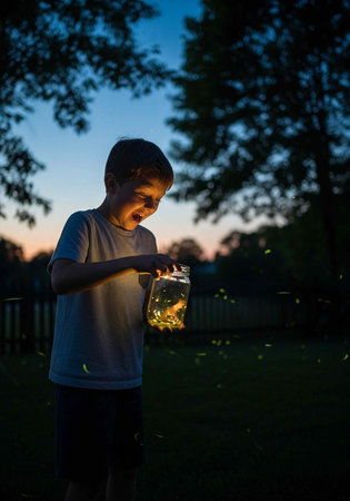 Young boy holding a jar with fireflies, outdoors at twilight, surrounded by trees and a fenceの写真素材