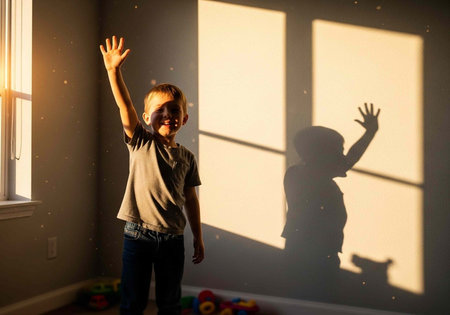 A smiling young boy with his arm raised stands near a window, sunlight casting his shadow on the wallの写真素材