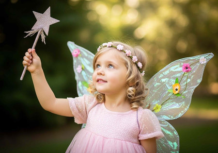 Young blonde girl in pink dress and floral crown holding star wand with sparkly fairy wings on her backの写真素材
