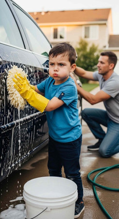A man and a young boy cleaning a black car with soap and a sponge on a drivewayの写真素材