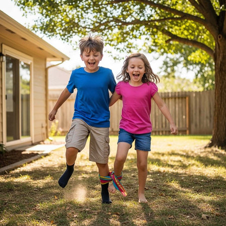 A boy and girl, smiling and jumping in a grassy yard with a house, tree, and fence in the background.の写真素材