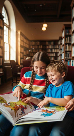 Two kids, a girl and a boy, sitting together on a red chair, reading a large illustrated book in a libraryの写真素材