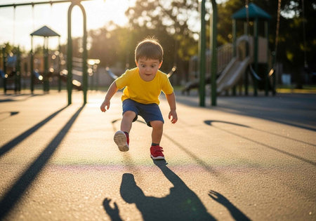 A young boy in yellow shirt and blue shorts runs on playground surface with green play equipment in backgroundの写真素材