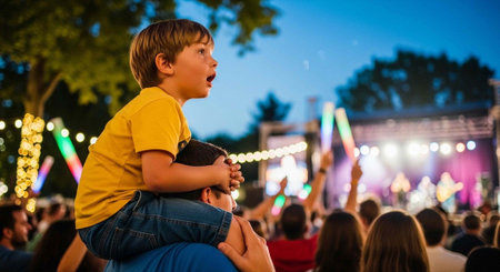 A boy on a man's shoulders enjoying a lively outdoor concert with a crowd and colorful lights at dusk.の写真素材