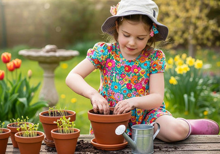 A young girl in a floral dress and hat plants flowers in a pot on a wooden table in a gardenの写真素材