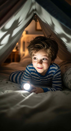Young boy with short brown hair and blue striped shirt lies in tent with flashlight, smiling at camera in dark roomの写真素材