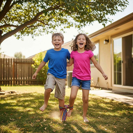 A boy and girl, smiling and running with their legs tied, in a grassy yard with a house and treeの写真素材