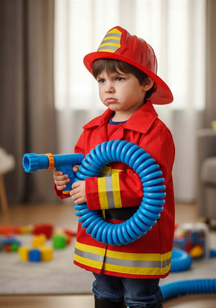 A young child wearing a red firefighter costume and hat holds a blue toy hose in a room with toys on the floorの写真素材