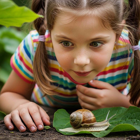 A young girl in a striped shirt closely examines a snail on a leaf in a garden settingの写真素材
