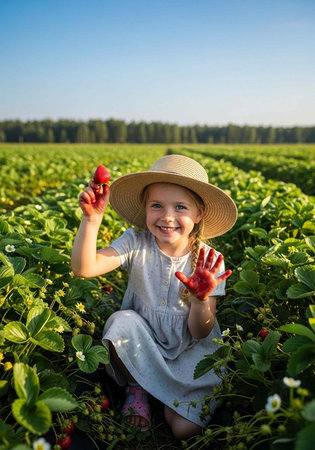 A young girl in a straw hat and light dress kneels in a strawberry field, holding up a strawberry and showing stained hands.の写真素材
