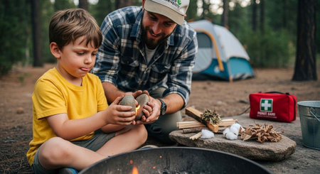 A man and a boy in a forest, using rocks to start a campfire, with a tent and first aid kit nearbyの写真素材